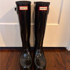 Hunter Glossy Black Tall Boots with Fleece Socks
